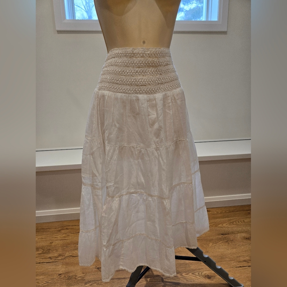 Boho White Tiered Maxi Skirt with Smocked Waist